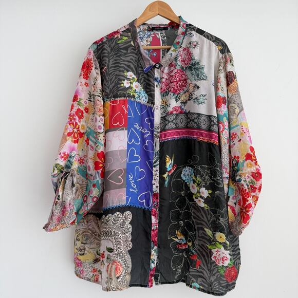 Johnny Was Tops - Johnny Was Silk Blouse 2X Floral Patchwork Boho Button Up Blouse Zippy Julia Top